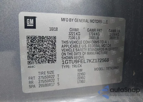 2019 GMC Sierra 1500 Denali z USA, uszkodzony, nr VIN 1GTU9FEL7KZ172568